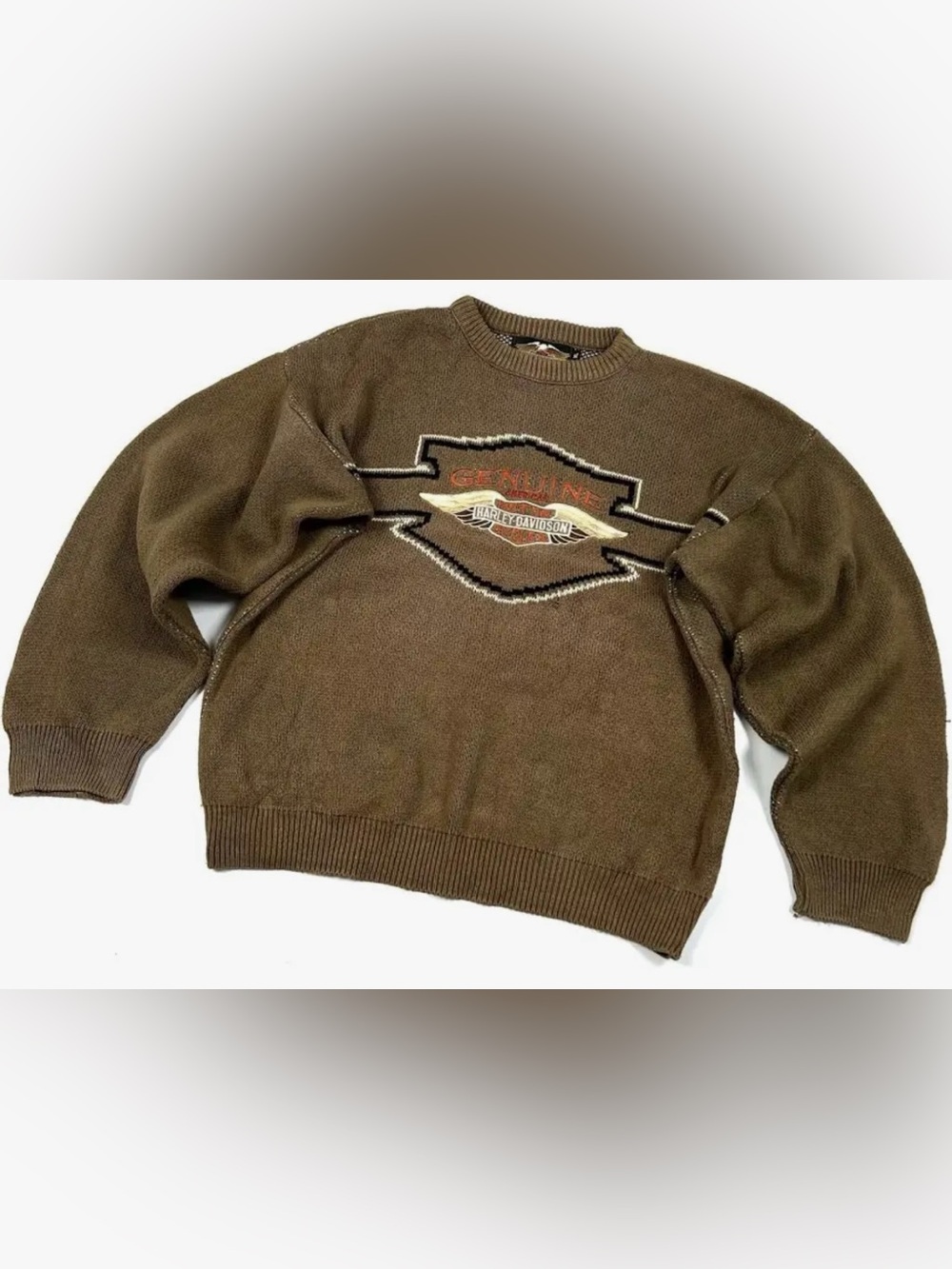 Harley-Davidson Men's Olive Brown Crewneck Sweater with Logo Patch